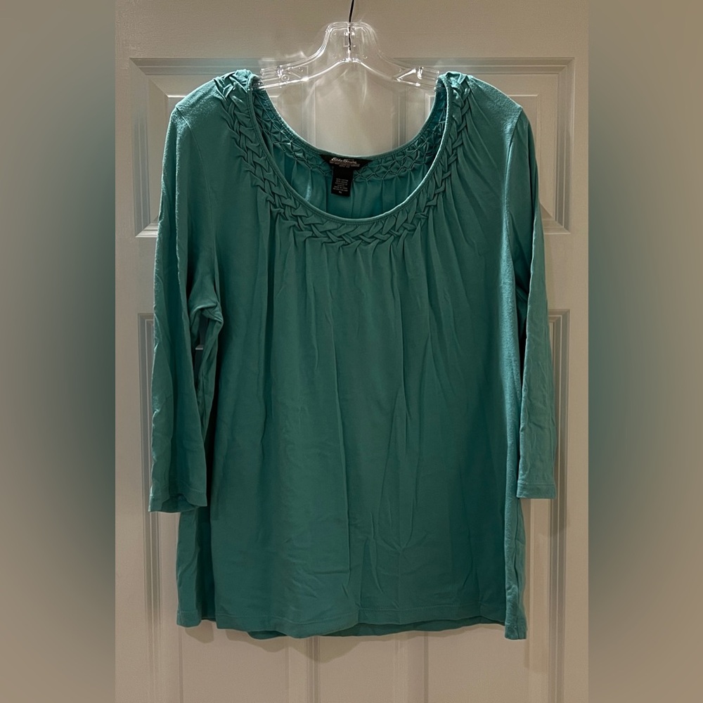 Teal Women's Top with Braided Neckline